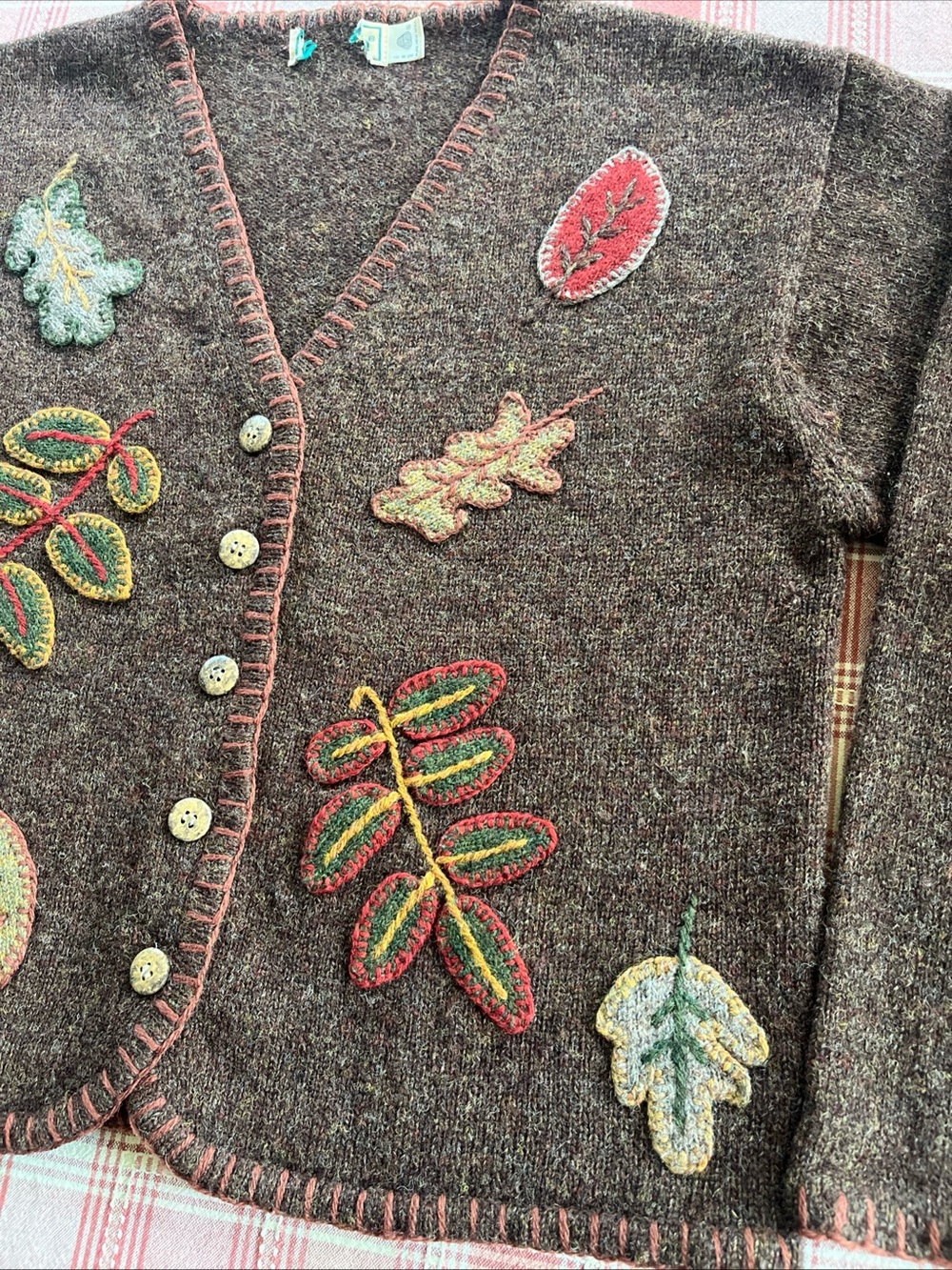 Vintage LL Bean Brown Wool Cardigan With Autumn Leaf Appliqué 100% Wool - Picture 3 of 10